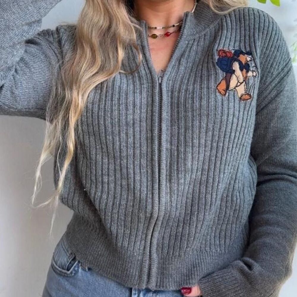 Upcycled hiking bear patchwork embroidered gray cable knit zip up sweater